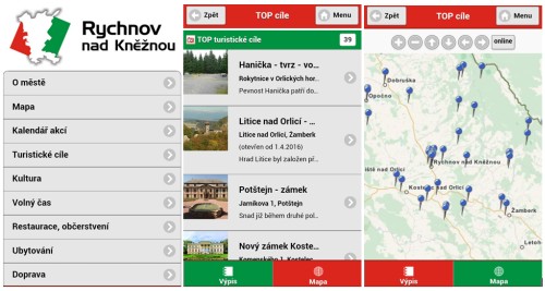 Printscreeny mobilního průvodce Rychnovem nad Kněžnou